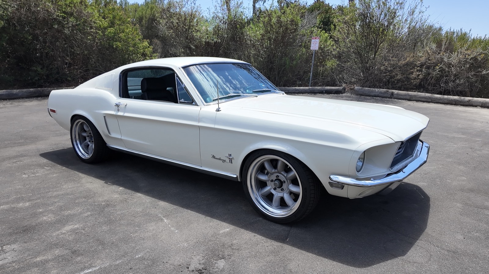 1968 Ford Mustang Fastback Restomod in white, front three-quarter